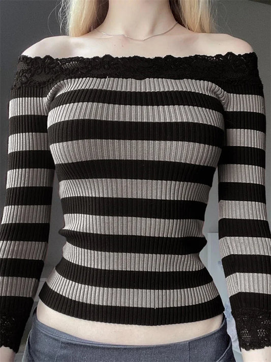 Casual Long Sleeve Retro Striped Off-Shoulder T-Shirts