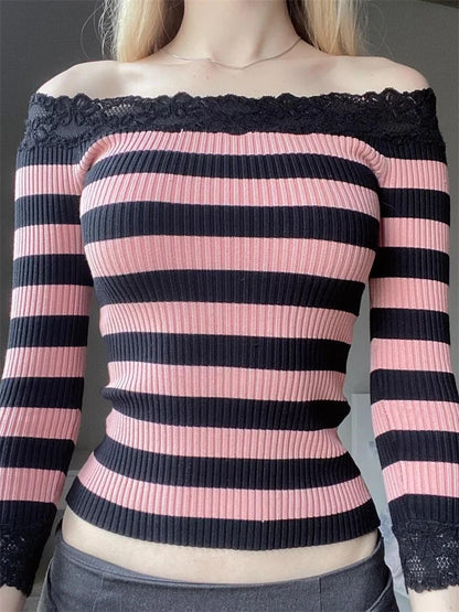 Casual Long Sleeve Retro Striped Off-Shoulder T-Shirts