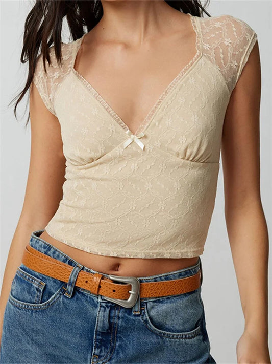 Slim Lace Patchwork Deep V-neck Crop Top