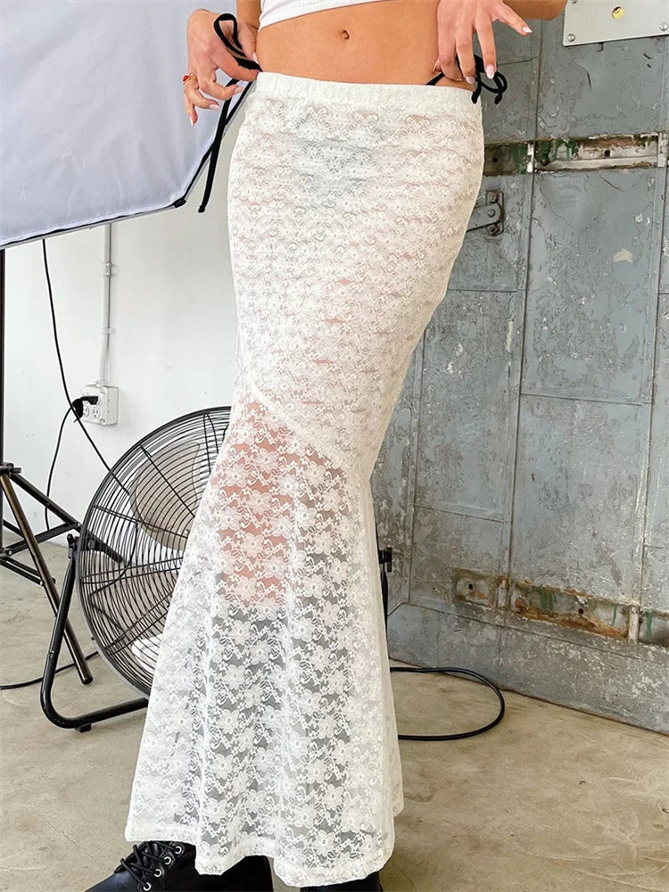 Y2K Grunge Lace Mesh See Through Bow Tie Long Skirt skirt-250126