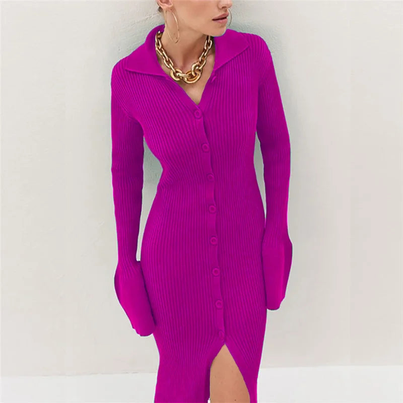 Sexy Knitted Cardigan Women  Female Fashion Slim Solid Autumn Winter  Flare Sleeve Female Vestidos