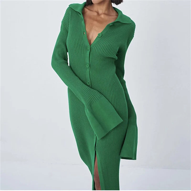 Sexy Knitted Cardigan Women  Female Fashion Slim Solid Autumn Winter  Flare Sleeve Female Vestidos