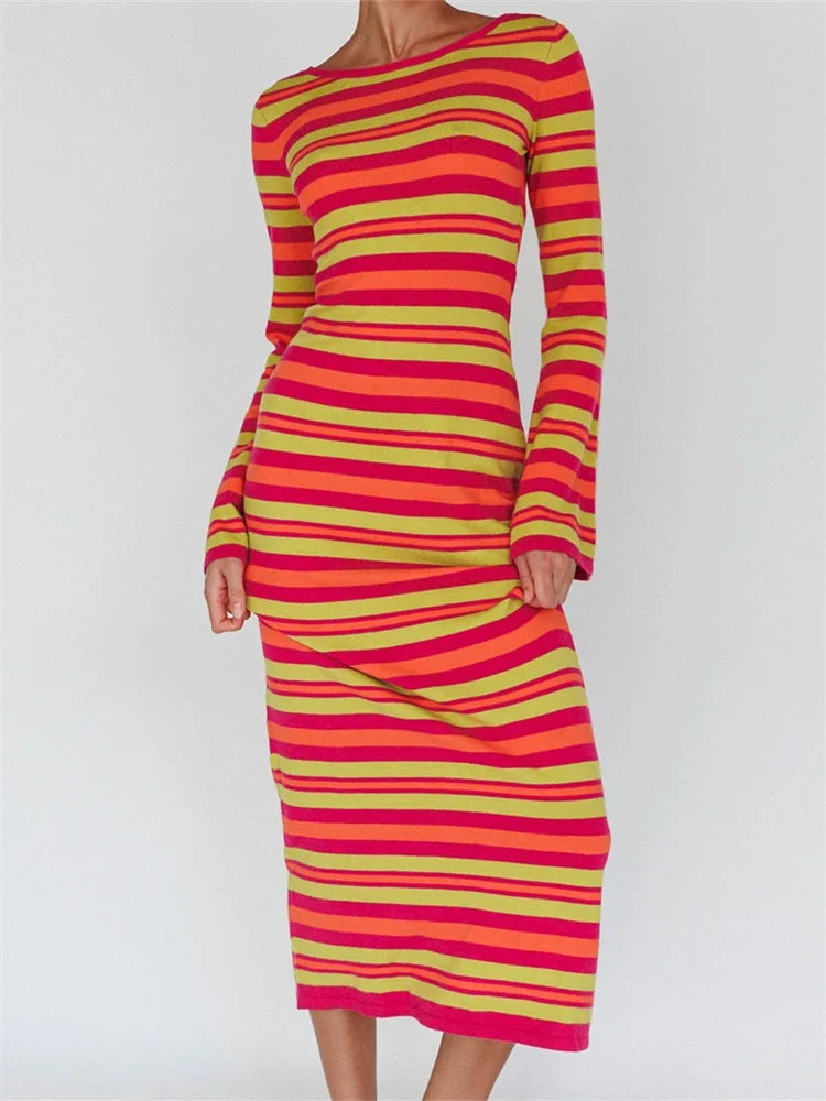 Sexy Women Knitted   Sleeve Crew Neck Backless Tie-up Striped Print Slim Fit Spring Fall Vestidos