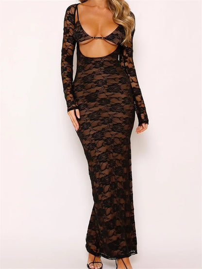 Sexy Women Lace   Sleeve Low Cut Deep V-neck Party Club with Bra Summer High Split Vestidos