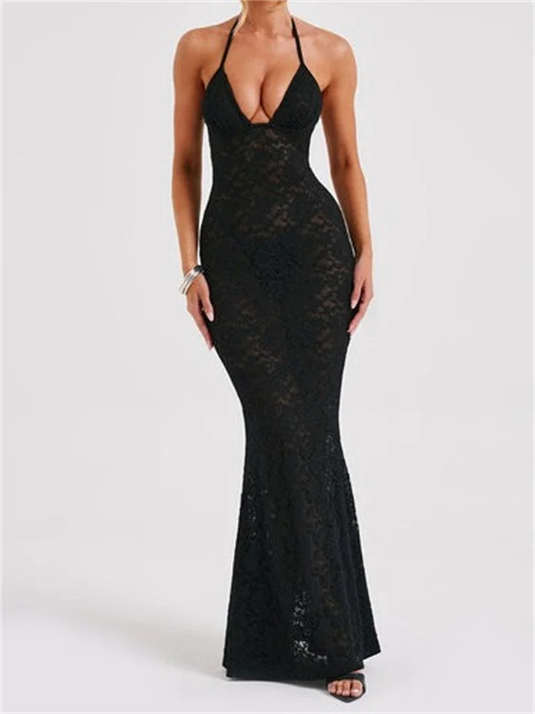 Sexy Women Lace  Sexy Mesh See Through Summer Off Shoulder V-neck Halter Black Beach Female Vestidos