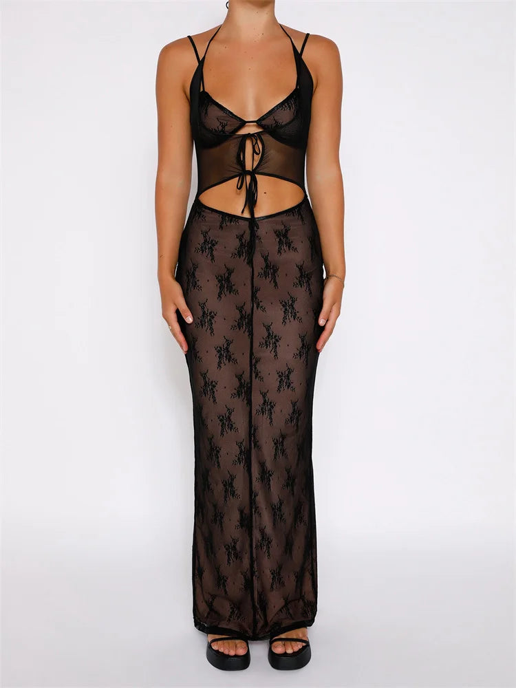 Sexy Women Lace Sleeveless Strap Sling Party Club Mesh See Through Hollow Out Slim Fit  Vestidos