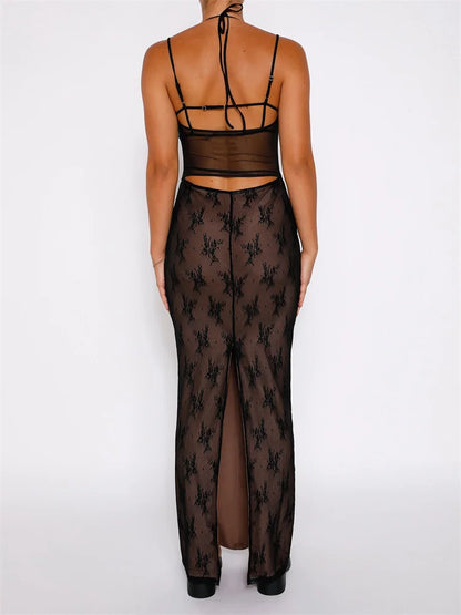 Sexy Women Lace Sleeveless Strap Sling Party Club Mesh See Through Hollow Out Slim Fit  Vestidos