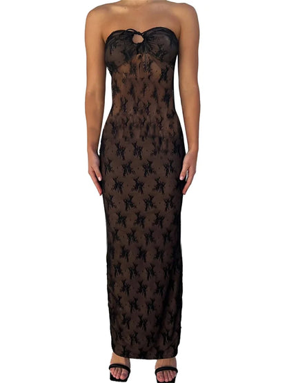 Sexy Women Lace Strapless Off Shoulder Tube Party Club Mesh See Through Tie-up Slim Fit  Vestido