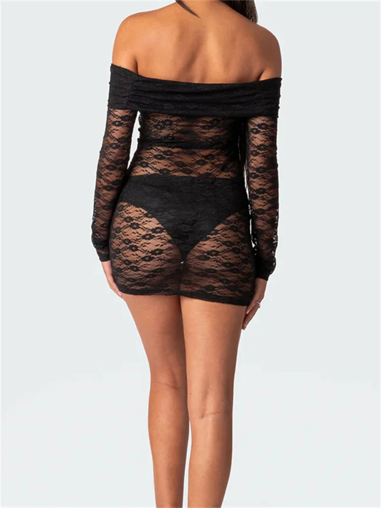 Sexy Off Shoulder Lace Fashion Long Sleeve Mini Dress