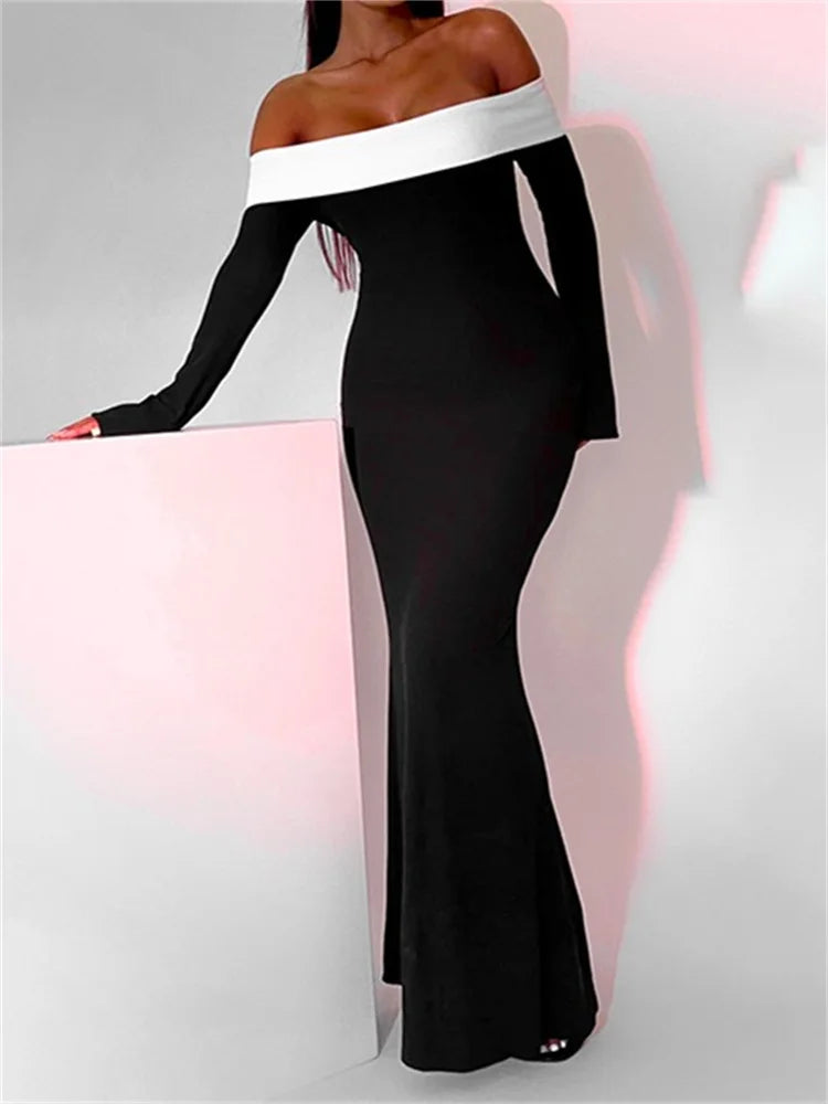 Sexy Women Slash Neck Off Shoulder   Sleeve Contrast Color Slim Fit Party Formal Female Vestidos