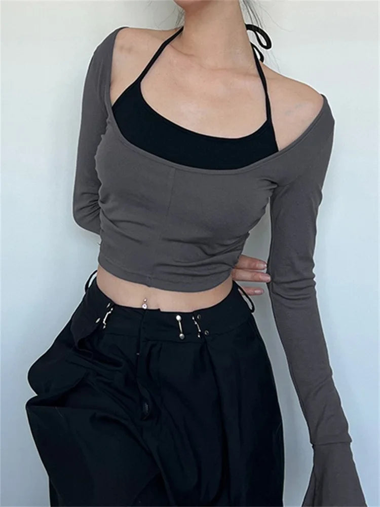 Halter Tie-upOff Shoulder Patchwork Long Sleeve Slim Fit  T-shirts