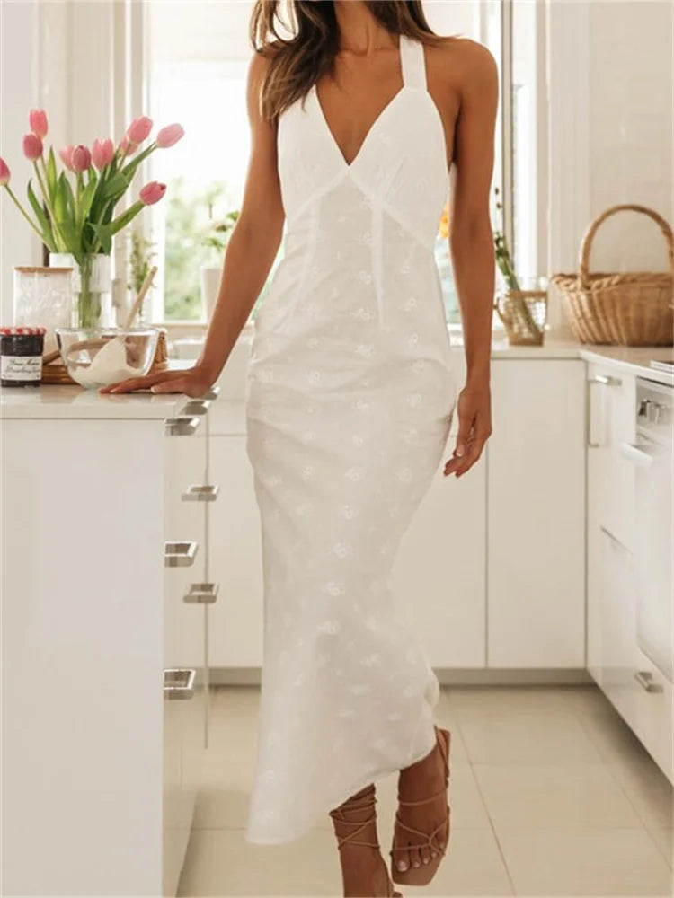 Sexy Women Summer  Sleeveless V Neck Halter Off Shoulder Lace Embroidery Backless Female Vestido