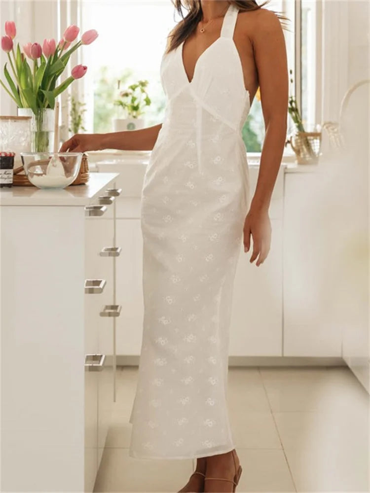 Sexy Women Summer  Sleeveless V Neck Halter Off Shoulder Lace Embroidery Backless Female Vestido