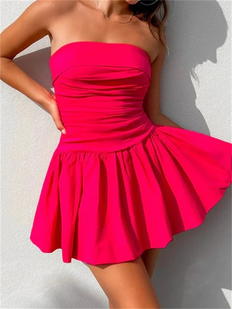 Sexy Summer Tube Strapless Off Shoulder Solid Ruched Mini Dress