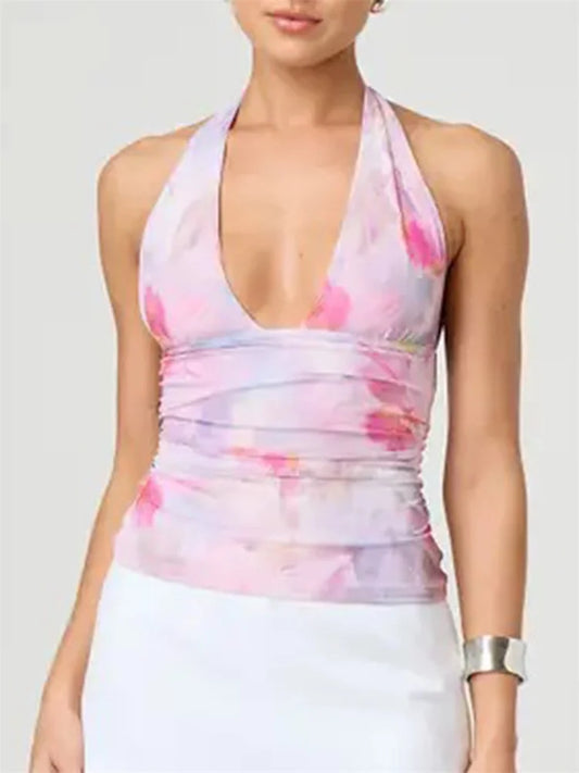 Sexy Tie-up Halter Tie-dye Ruched Crop Top