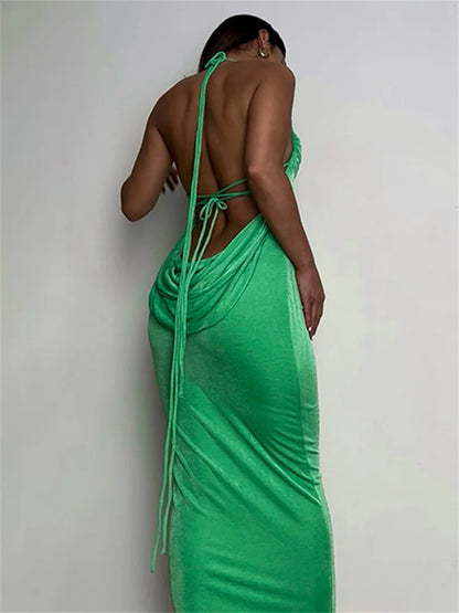 Sleeveless Backless Drawstring Hollow Out Sexy Split    Summer Women Party Y2K Beach Vestidos