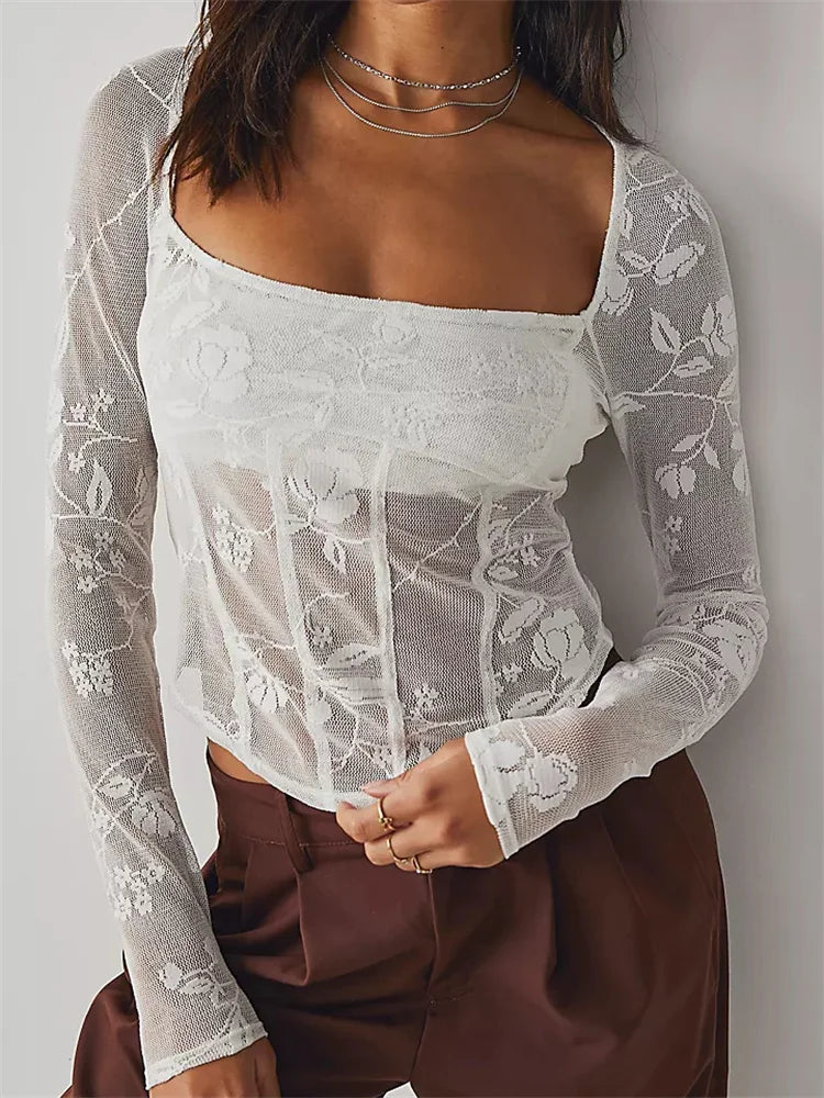 Long Sleeve See Through Retro Square Neck Lace T-Shirts