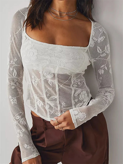 Long Sleeve See Through Retro Square Neck Lace T-Shirts