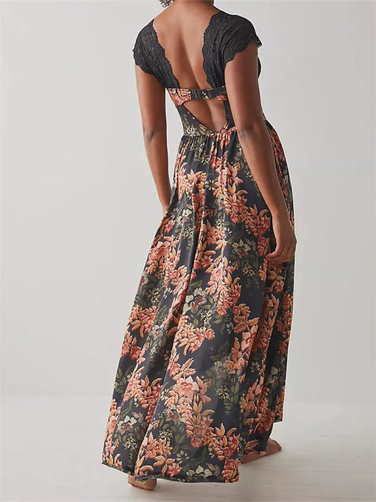 Vintage Women Lace Short Sleeve Casual Floral Print Backless Beach Party Split Summer Vestidos