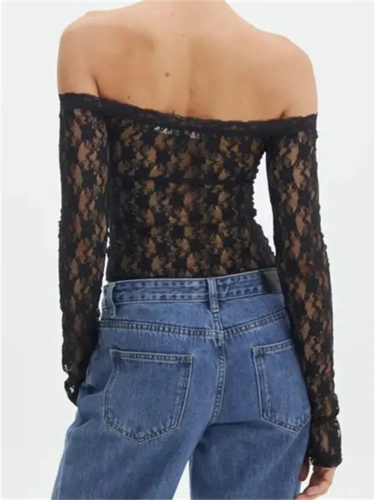 Vintage Lace Crop Tops Long Sleeve Off-Shoulder Casual Pullovers T-Shirts