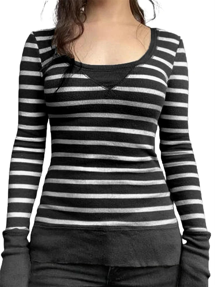 Vintage Striped Print Knitted  Long Sleeve Slim Fit  T-shirts