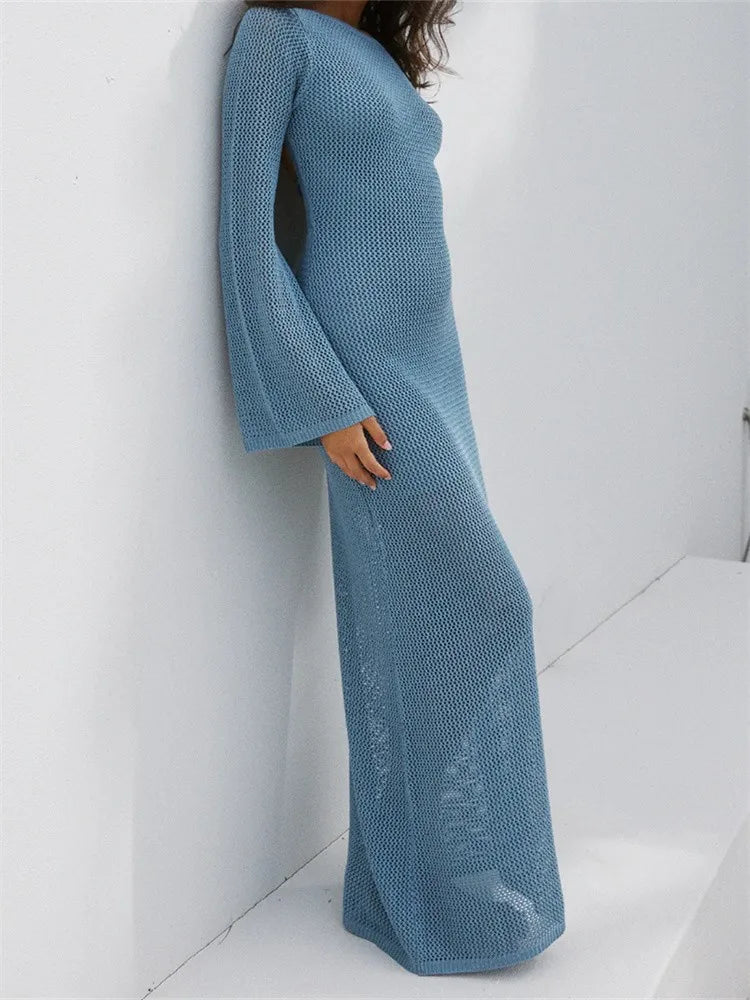 Women Autumn Knitted  Solid  Sleeve Round Neck Backless Tie-Up Slim Party Beach  Female Vestidos