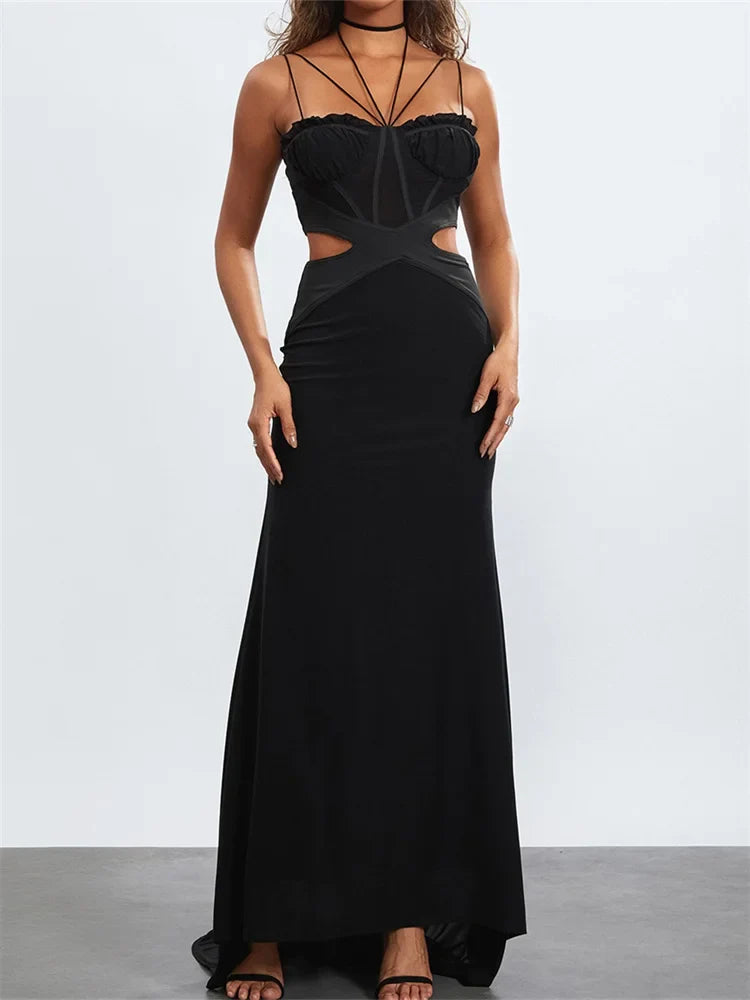 Women Black Halter Sleeveless Slim  Waist Hollow Out Spaghetti Strap Evening Summer Female Vestidos