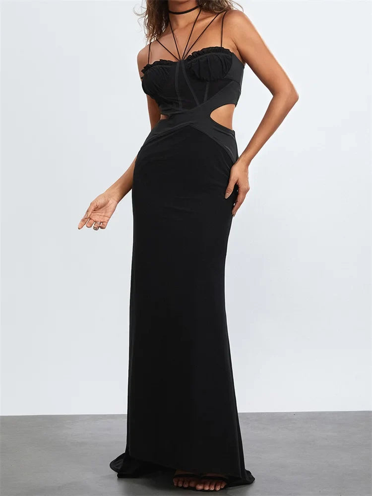 Women Black Halter Sleeveless Slim  Waist Hollow Out Spaghetti Strap Evening Summer Female Vestidos