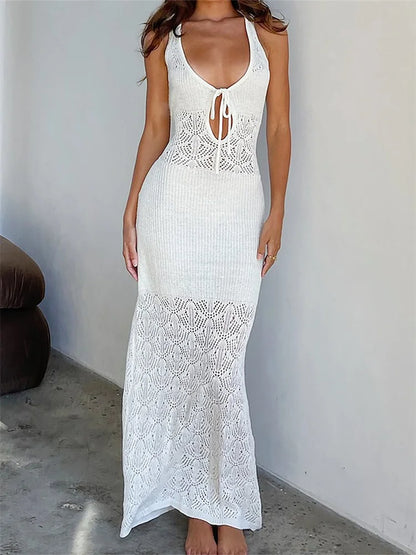 Women Crochet Knitted Hollow Out Backless  Spaghetti Strap Halter Lace-up  Beachwear Female Vestidos