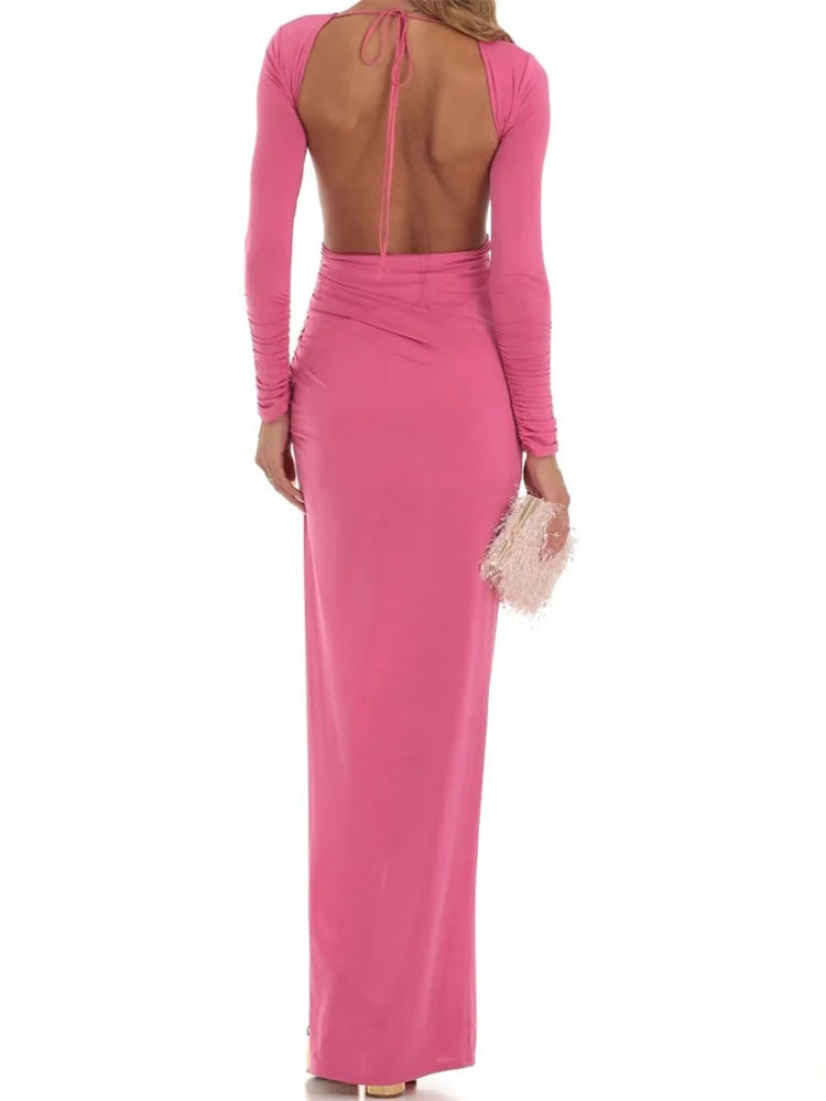 Women Evening Party  Solid  Sleeve Cutout Backless Tie-up High Split Slim Formal Female Vestidos