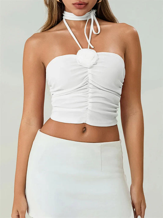 Off Shoulder 3D Flower Ruched Tube Crop Top