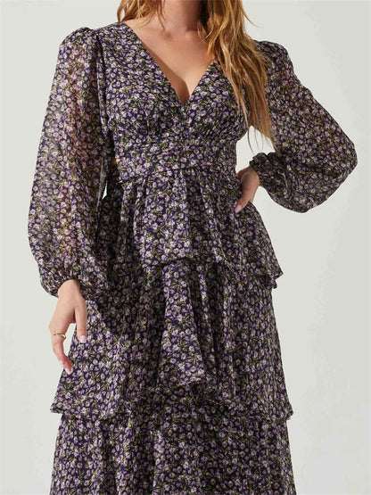 Women High Split Floral Print   Puff Sleeve V Neck Layered Ruffles Hem Spring Fall Vestidos