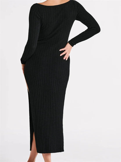 Women Knitted Bodycon  Solid Color Ribbed Round Neck  Sleeve Side Split Spring Fall Vestidos