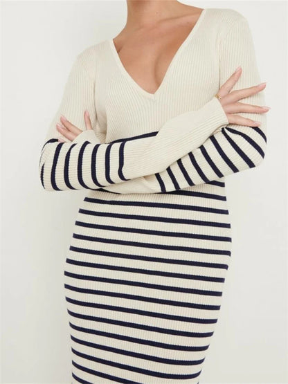 Women Knitted   Sleeve Deep V Neck Striped Slim Fit Spring Autumn Female Vestidos Streetwear