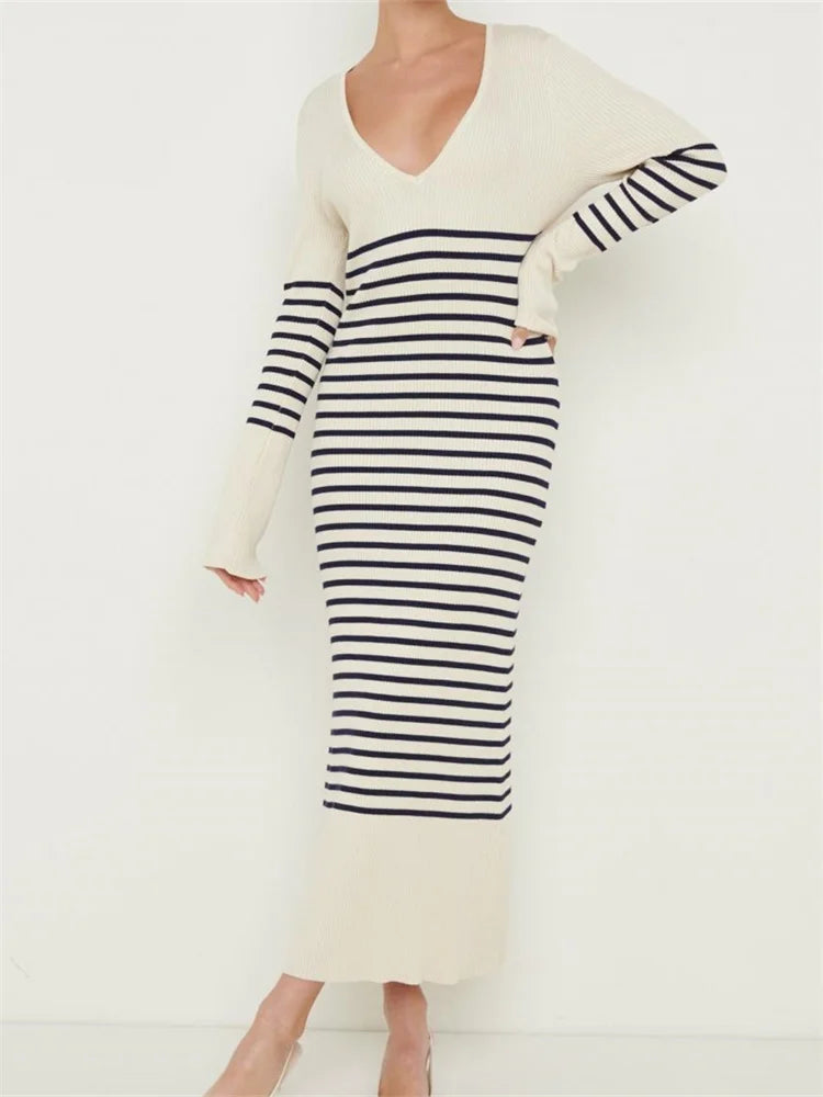 Women Knitted   Sleeve Deep V Neck Striped Slim Fit Spring Autumn Female Vestidos Streetwear