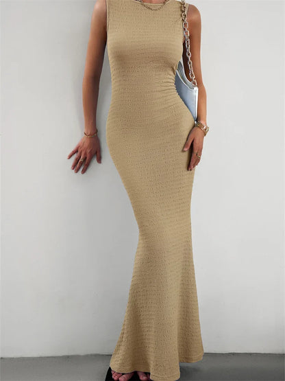 Women Knitted  Sleeveless Round Neck Solid Color Slim Fit Ruched Tank Cocktail Party Female Vestidos