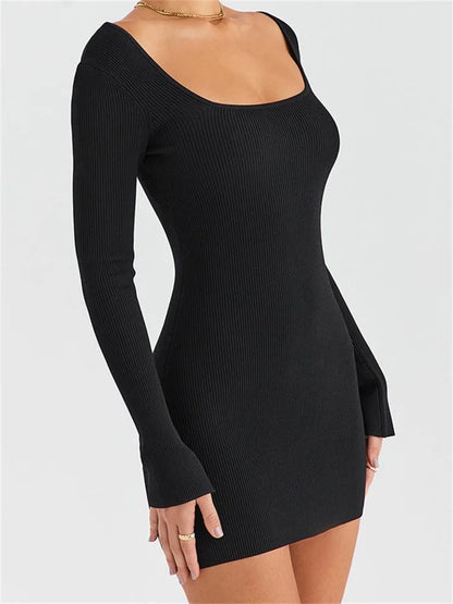 Knitted Ribbed Party Solid Long Sleeve Square Neck Mini Dress