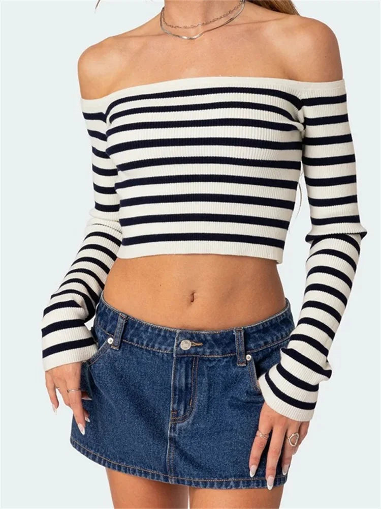 Long Sleeve Off-shoulder Striped  Exposed Navel T-Shirts