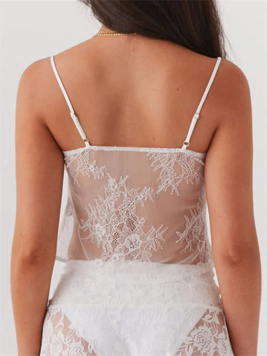 Lace Spaghetti Strap Split See-through Crop Top