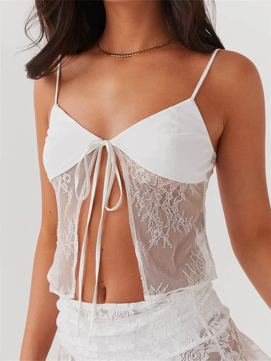 Lace Spaghetti Strap Split See-through Crop Top