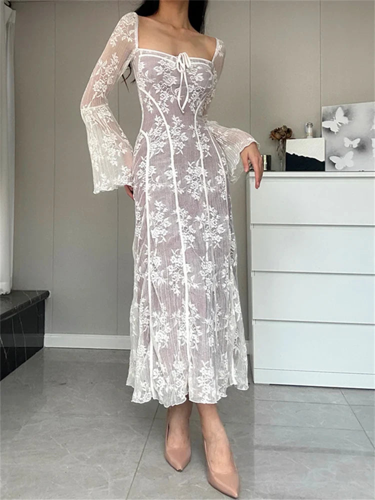 Women Lace Flower  Flare Sleeve Square Neck Tie-up  Spring Fall Solid Party Female Vestidos