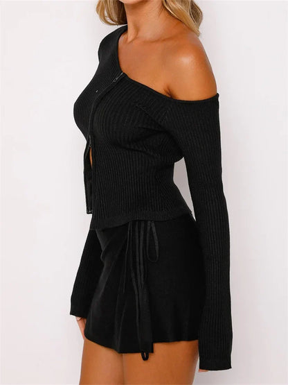 Long Sleeve Off Shoulder Front Zip Up Ribbed Knitted Cardigan T-Shirts