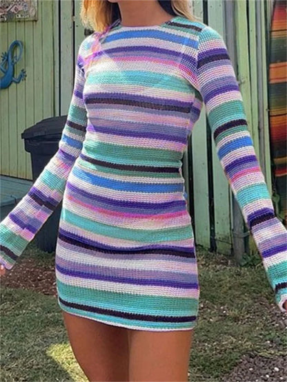 Long Sleeve Casual Striped Backless Fall Party Mini Dress