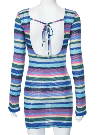 Long Sleeve Casual Striped Backless Fall Party Mini Dress