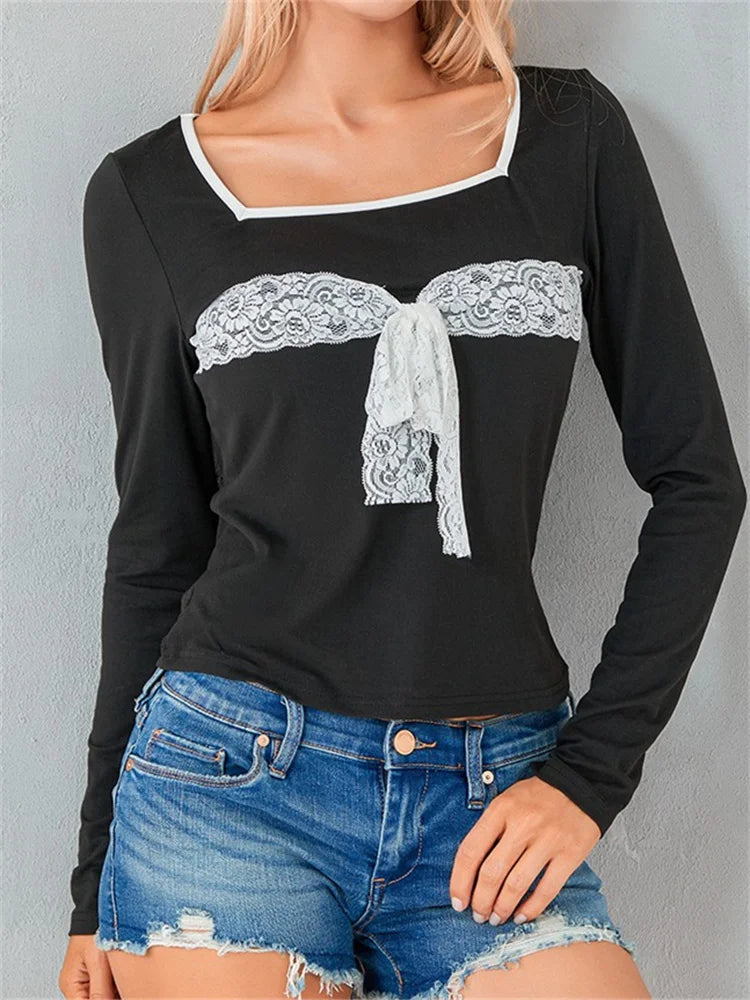 Lace Patchwork Square Neck Tie-Up Square Neck T-Shirts