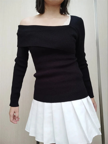 Off Shoulder Irregular Neck  Long Sleeve Ribbed Knitted T-shirts