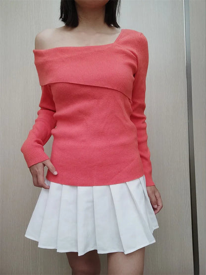 Off Shoulder Irregular Neck  Long Sleeve Ribbed Knitted T-shirts