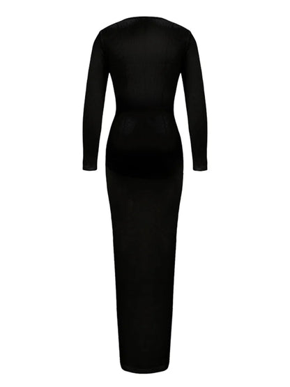 Women Ribbed Bodycon  Solid Color Low-Cut V-neck Tie-Up  Sleeve Spring Autumn Party Vestidos