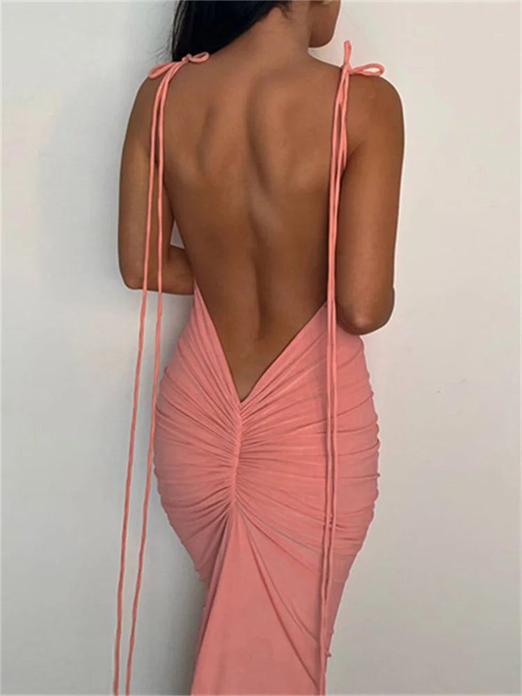 Women Sexy Backless Ruched  Adjustable Lace-up Strap Slim Elegant Solid Party Female Vestido Clubwear