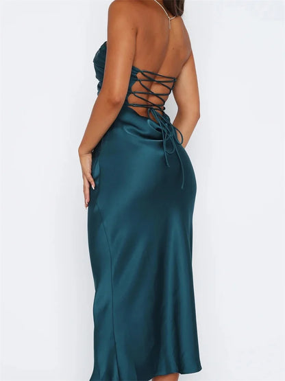 Women Sexy Strapless Backless  Low Cut Off Shoulder Tube Party Satin Female Vestidos Streetwear